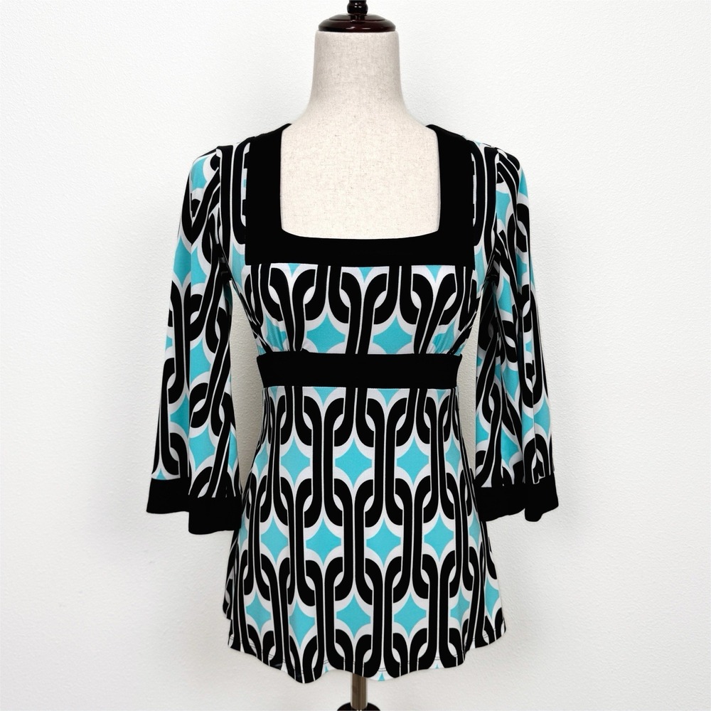 Vtg INC International‎ Top Womens XS* Blue Geometric Empire Waist Phoebe Friends